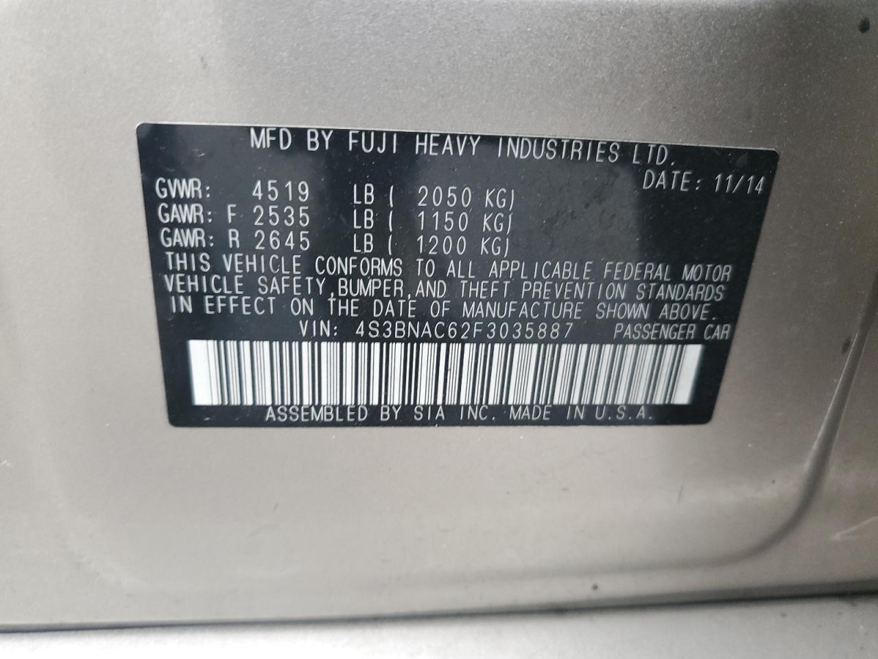 2015 Subaru Legacy 2.5I Premium VIN: 4S3BNAC62F3035887 Lot: 84041435