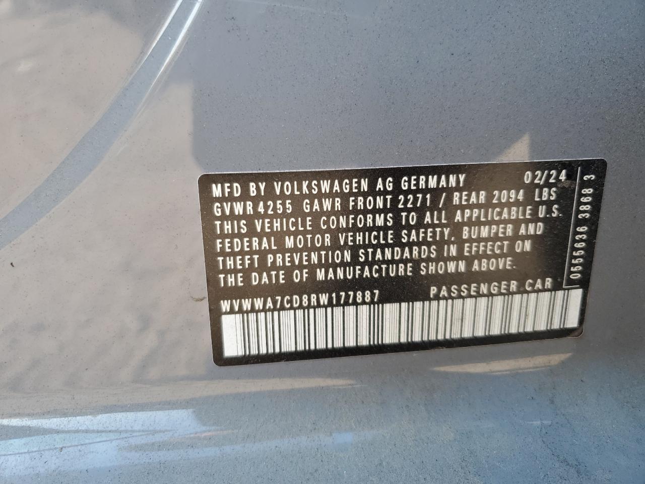 2024 Volkswagen Gti Autobahn VIN: WVWWA7CD8RW177887 Lot: 71565525