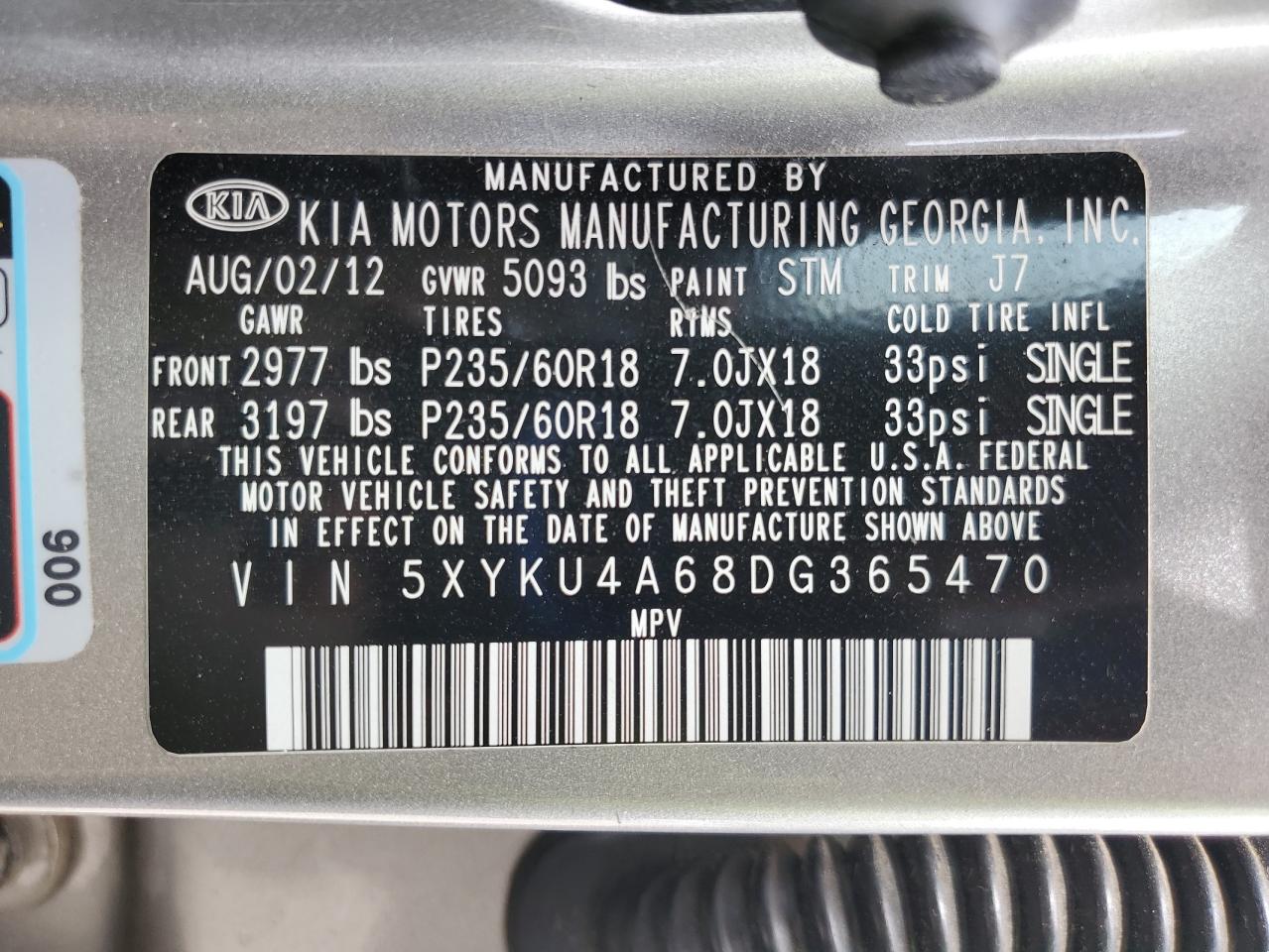 2013 Kia Sorento Ex VIN: 5XYKU4A68DG365470 Lot: 81494665