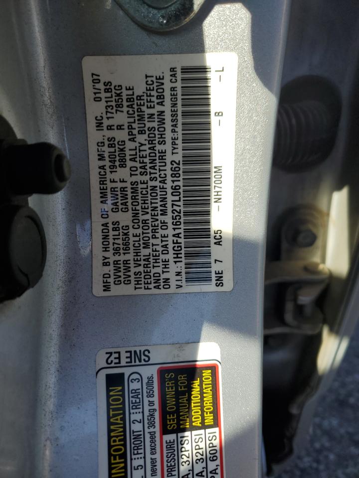 2007 Honda Civic Lx VIN: 1HGFA16527L061862 Lot: 84234625