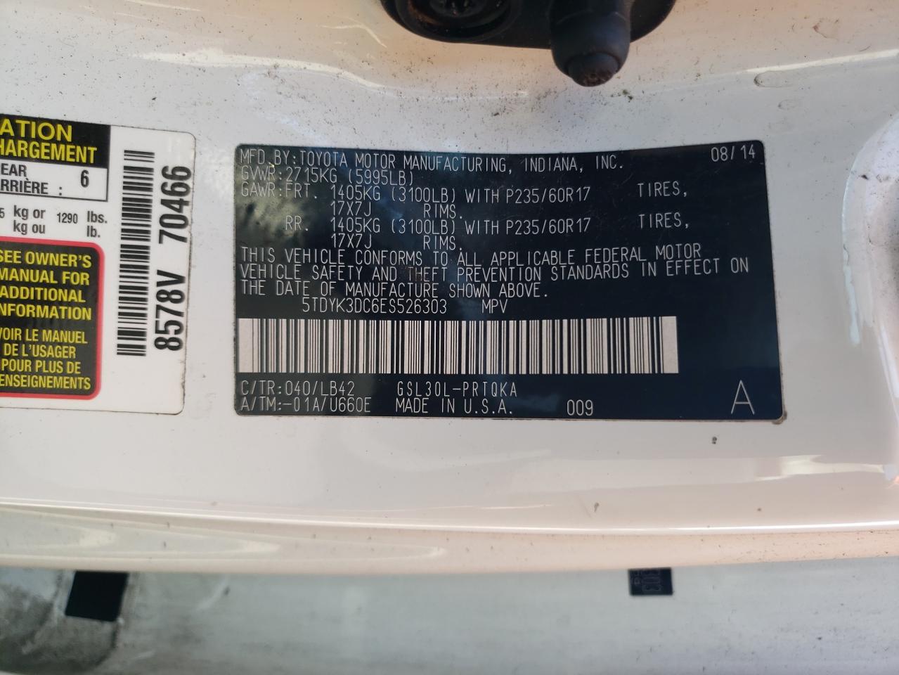 2014 Toyota Sienna Xle VIN: 5TDYK3DC6ES526303 Lot: 72060215