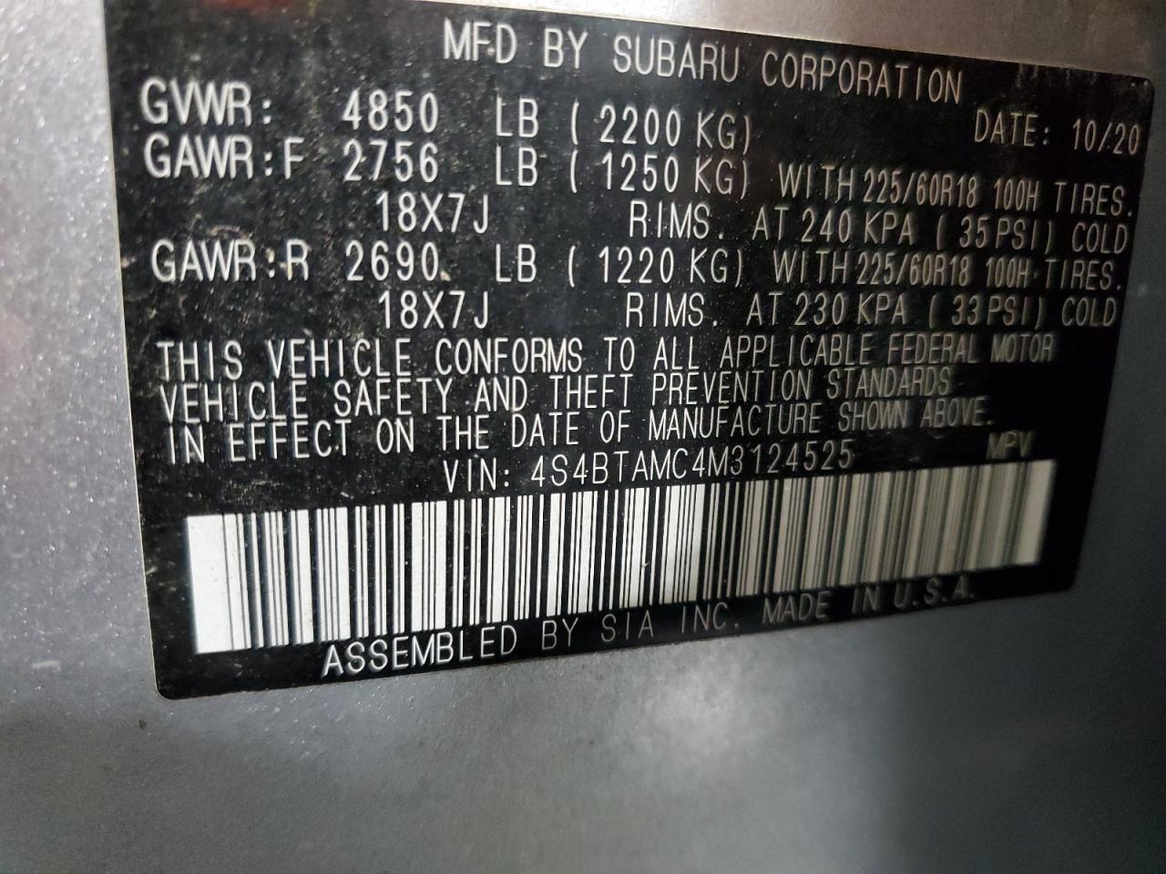 2021 Subaru Outback Limited VIN: 4S4BTAMC4M3124525 Lot: 83805515