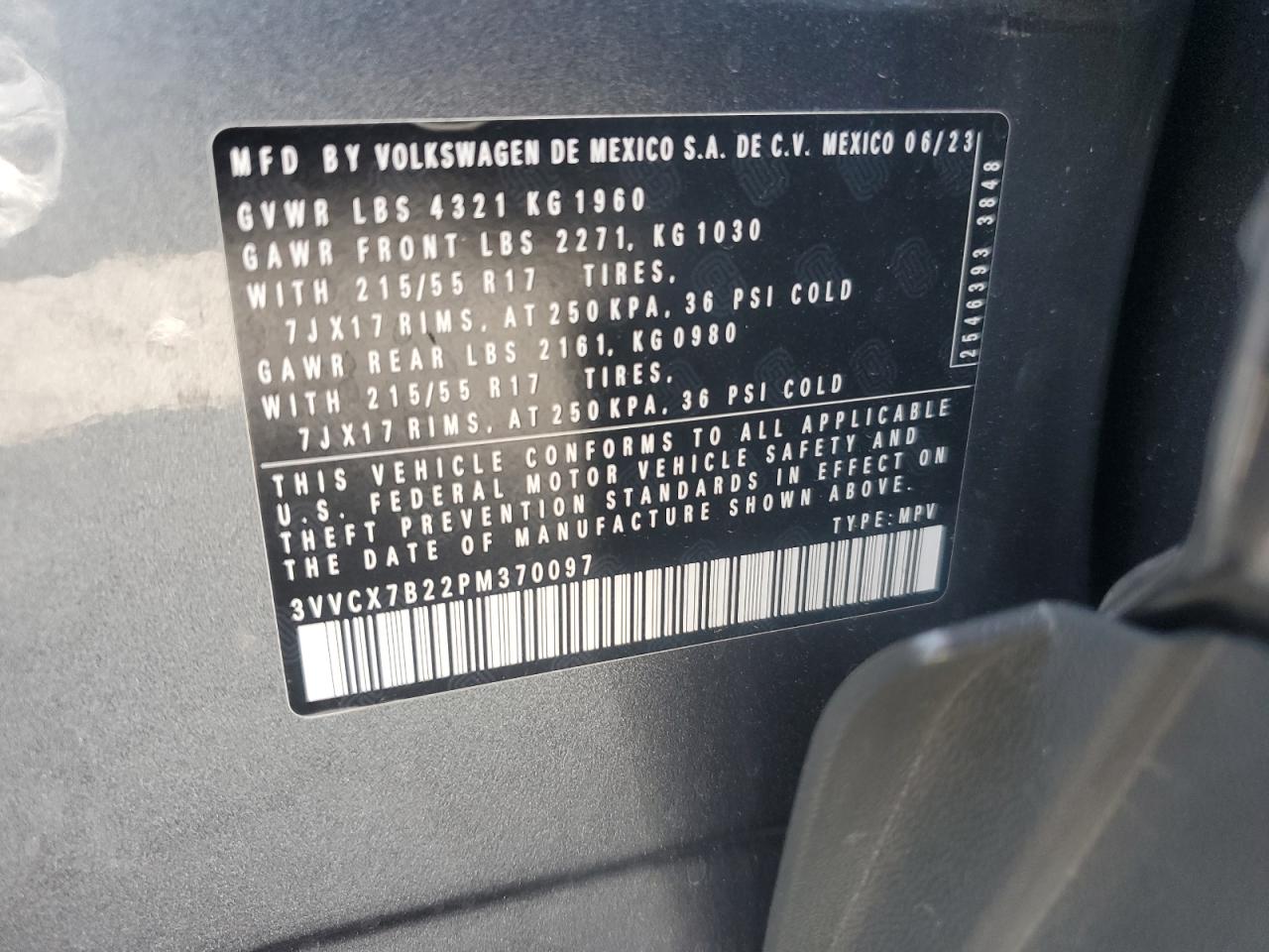 2023 Volkswagen Taos S VIN: 3VVCX7B22PM370097 Lot: 84421895