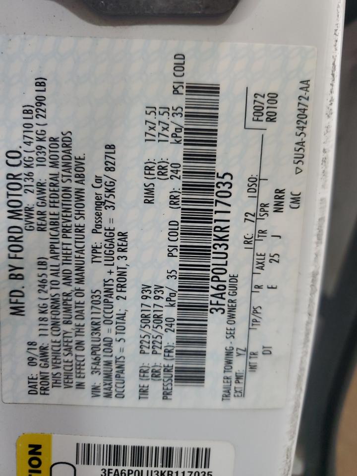 2019 Ford Fusion Se VIN: 3FA6P0LU3KR117035 Lot: 84630485