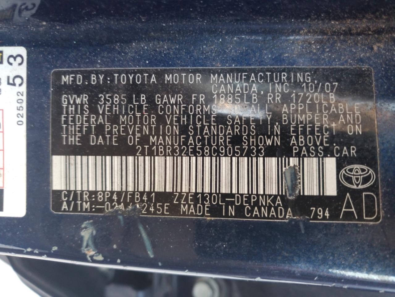 2008 Toyota Corolla Ce VIN: 2T1BR32E58C905733 Lot: 84243805