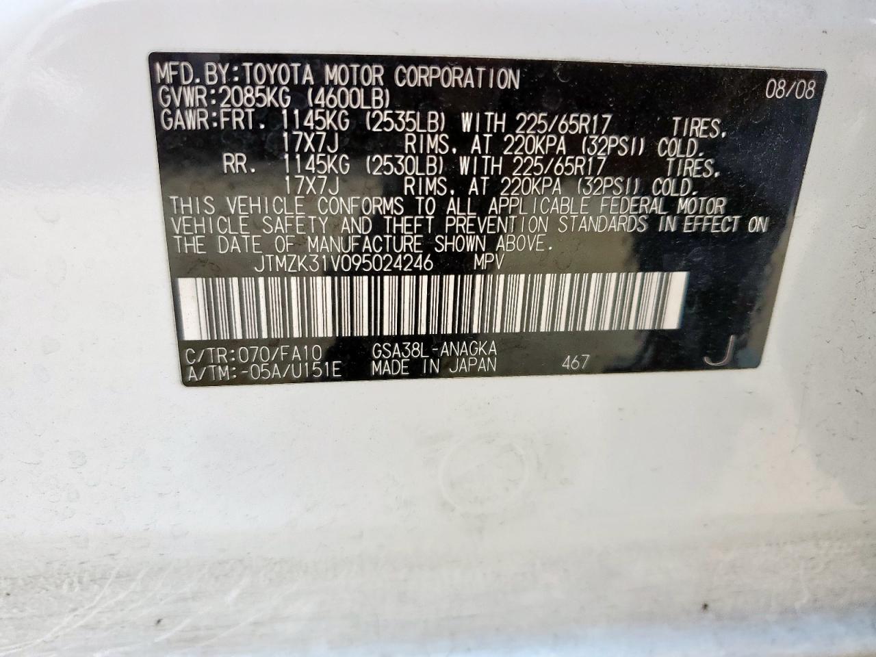 2009 Toyota Rav4 Limited VIN: JTMZK31V095024246 Lot: 80750235