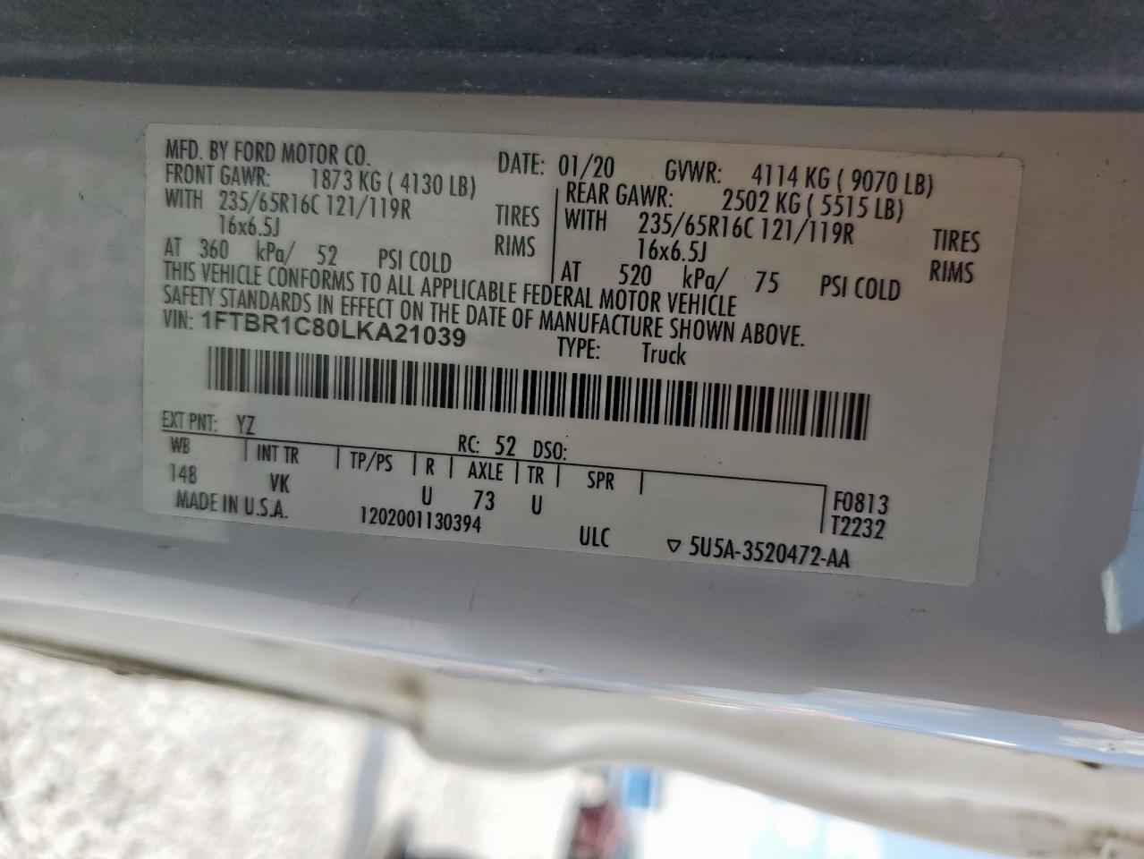 2020 Ford Transit T-250 VIN: 1FTBR1C80LKA21039 Lot: 71610075