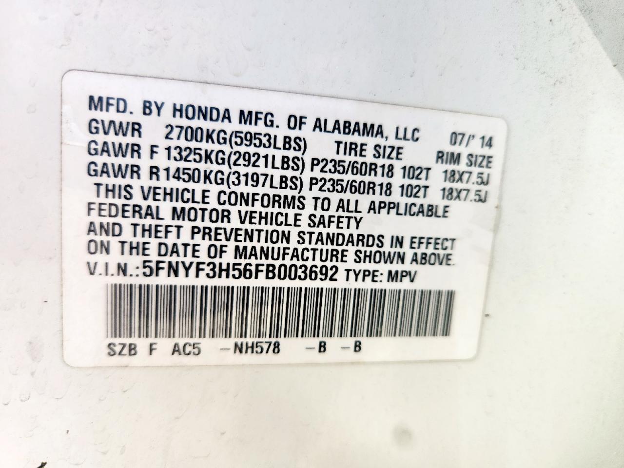 2015 Honda Pilot Exl VIN: 5FNYF3H56FB003692 Lot: 81833905