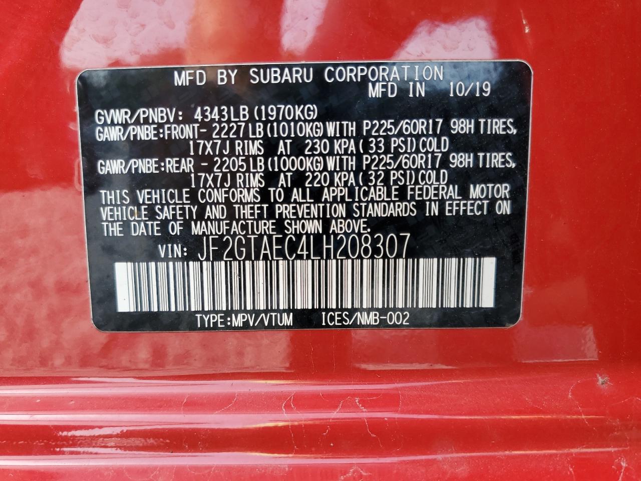2020 Subaru Crosstrek Premium VIN: JF2GTAEC4LH208307 Lot: 81865265