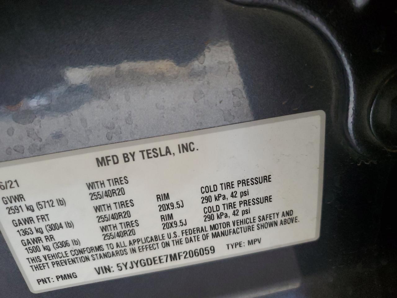 2021 Tesla Model Y VIN: 5YJYGDEE7MF206059 Lot: 80559965