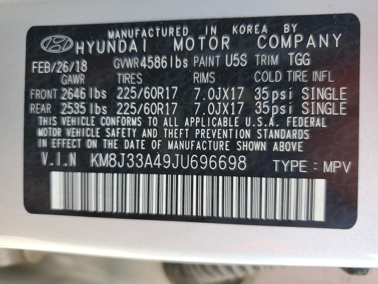 2018 Hyundai Tucson Sel VIN: KM8J33A49JU696698 Lot: 81082295