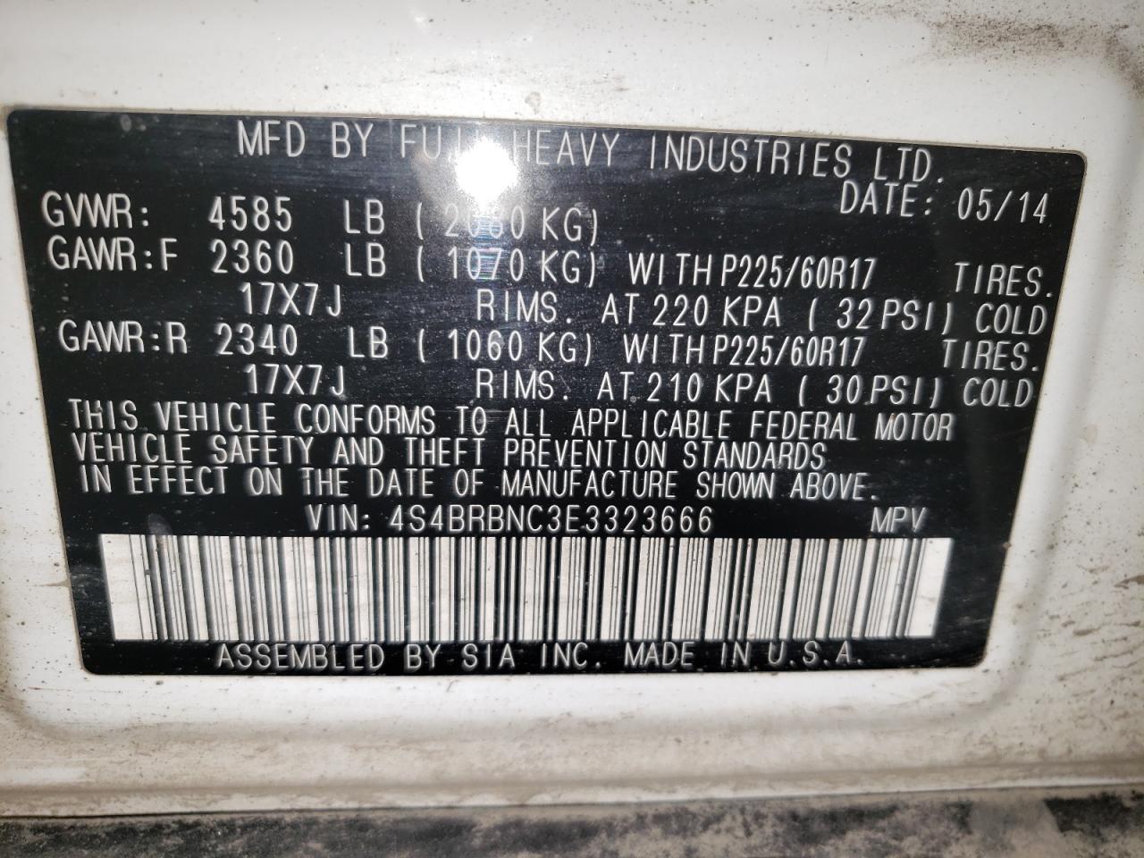 2014 Subaru Outback 2.5I Limited VIN: 4S4BRBNC3E3323666 Lot: 71561525