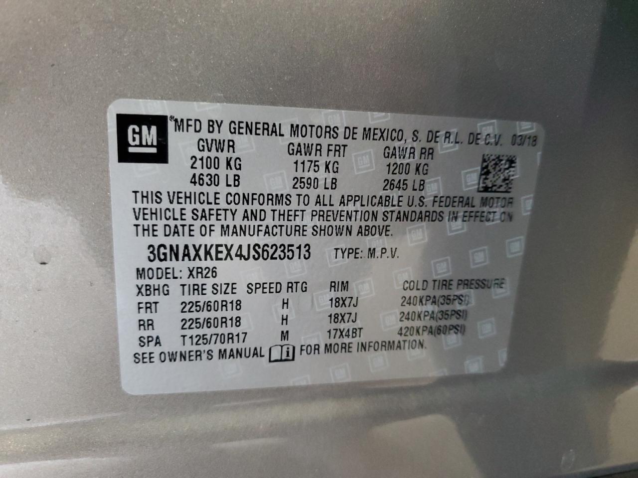 2018 Chevrolet Equinox Lt VIN: 3GNAXKEX4JS623513 Lot: 81461025