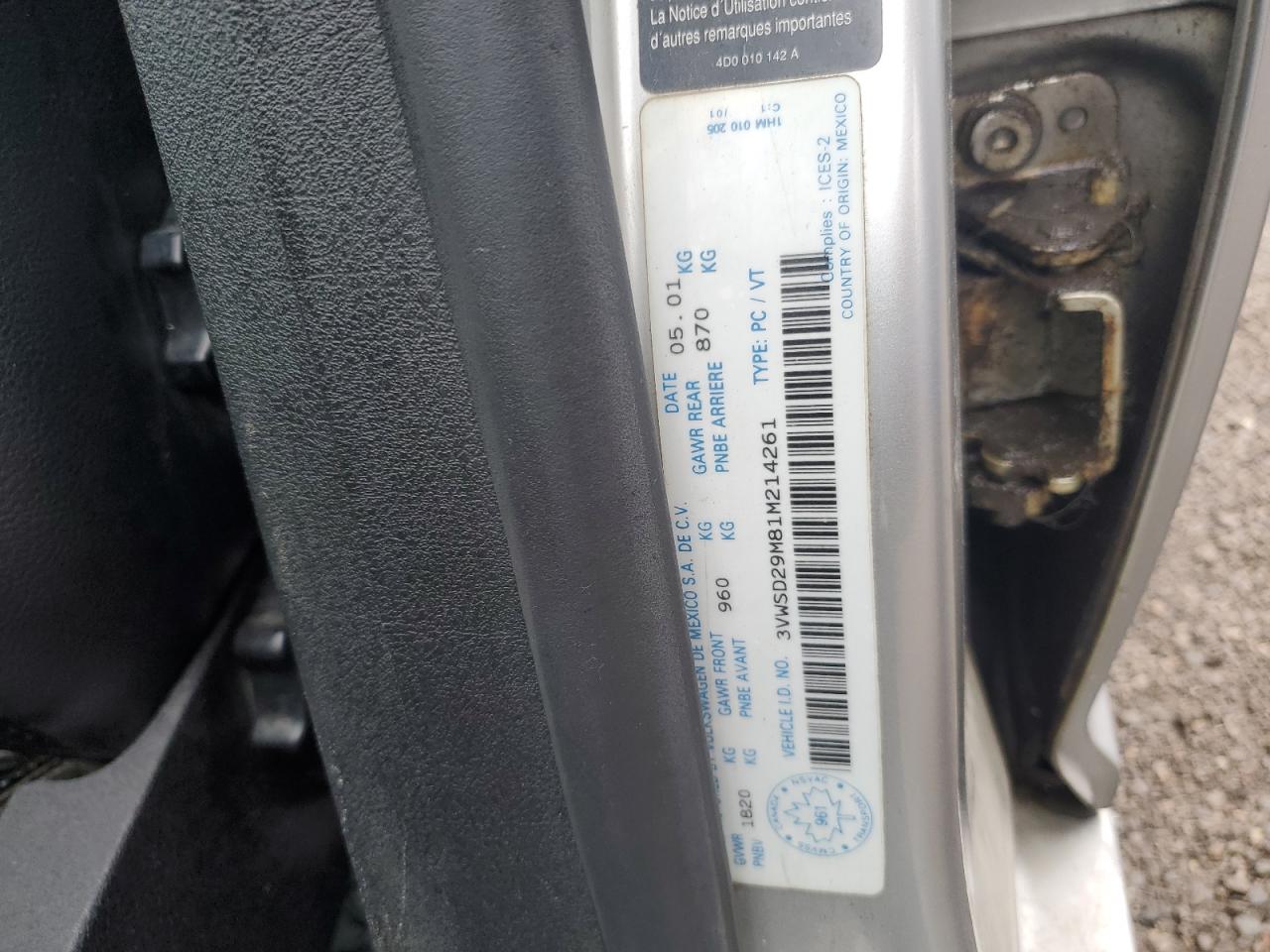 2001 Volkswagen Jetta Gls VIN: 3VWSD29M81M214261 Lot: 82046935