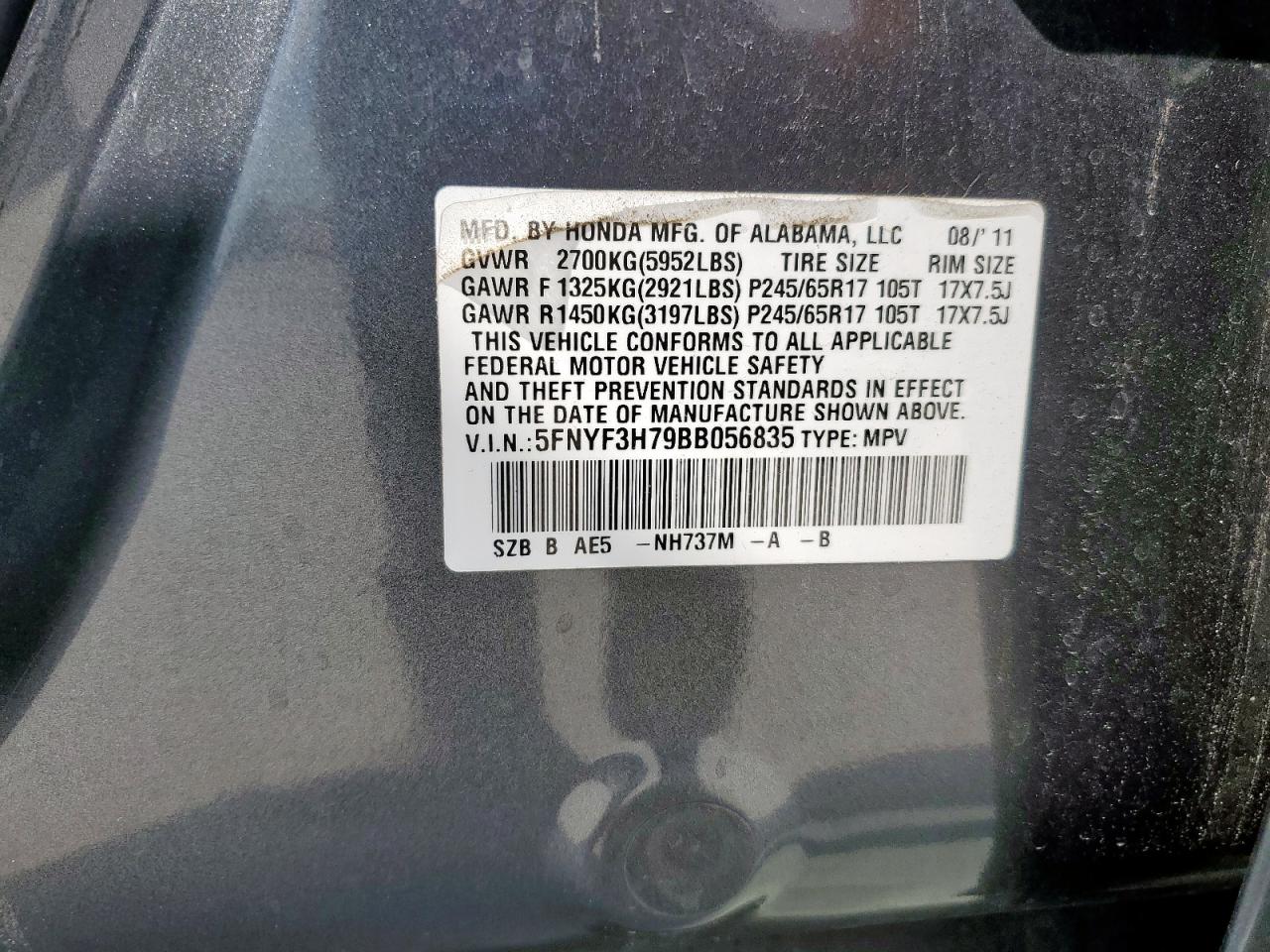 2011 Honda Pilot VIN: 5FNYF3H79BB056835 Lot: 81901815