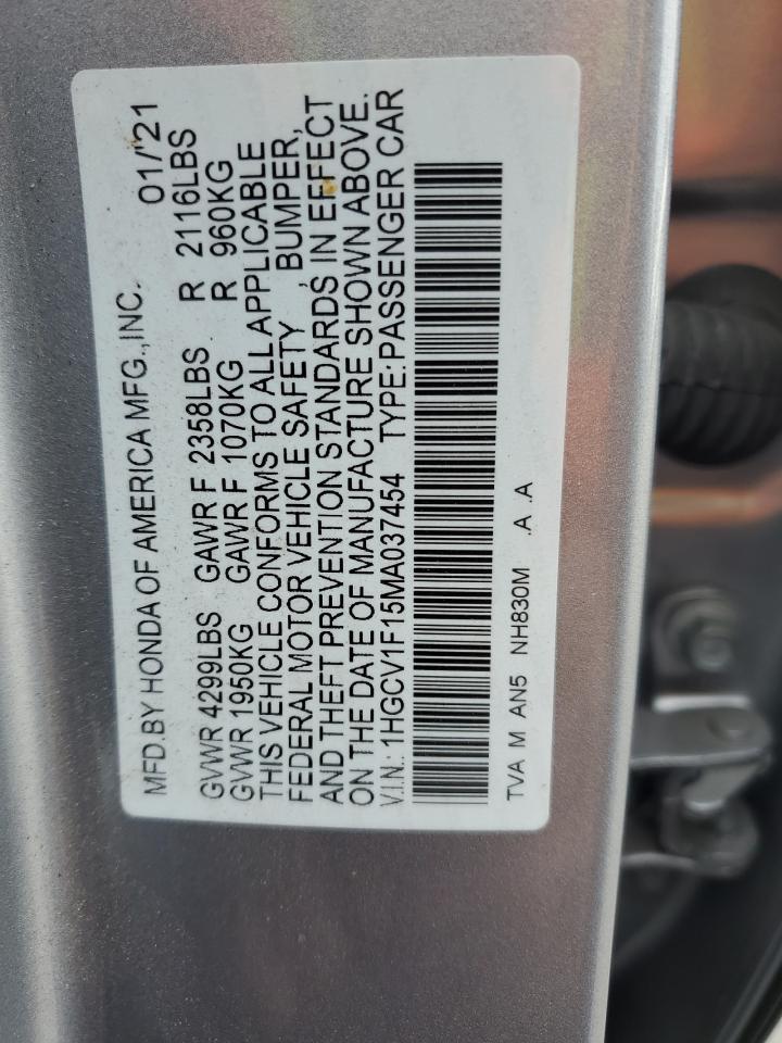 2021 Honda Accord Lx VIN: 1HGCV1F15MA037454 Lot: 81208805