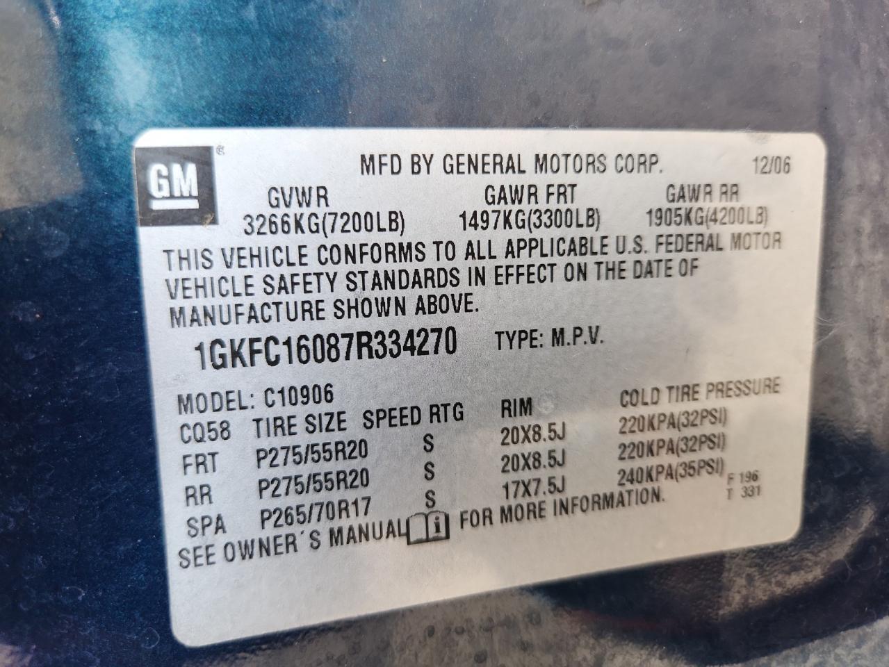 2007 GMC Yukon Xl C1500 VIN: 1GKFC16087R334270 Lot: 80695325