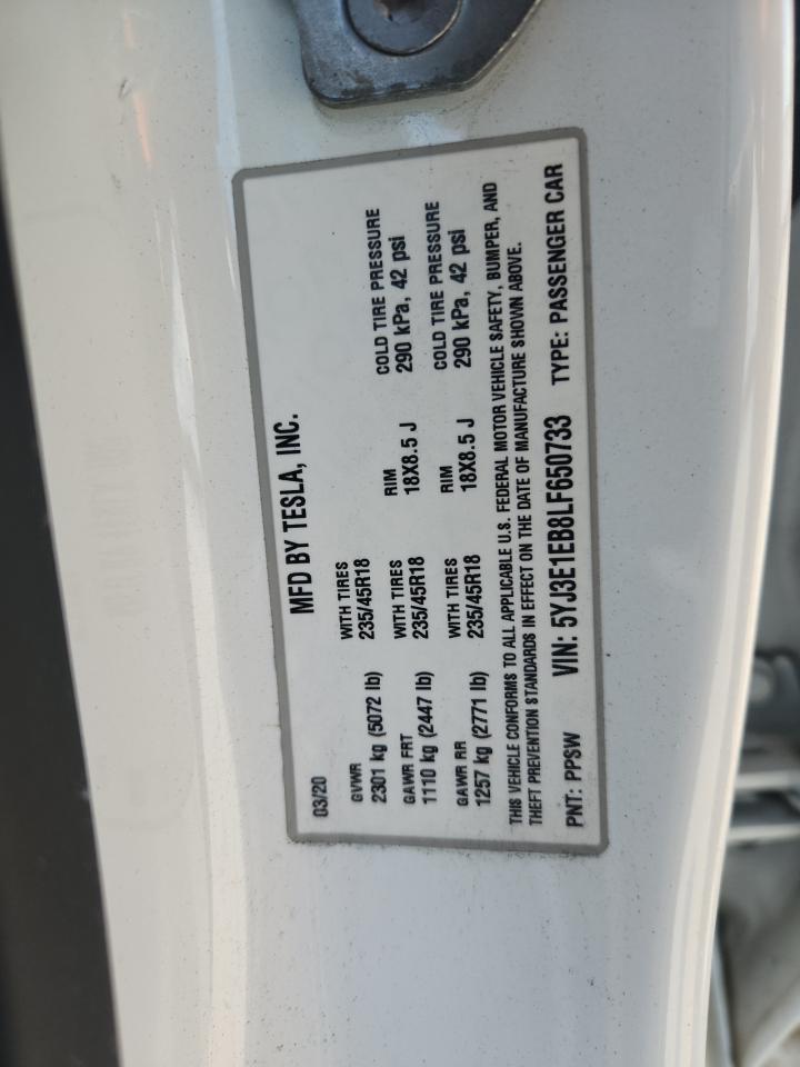 2020 Tesla Model 3 VIN: 5YJ3E1EB8LF650733 Lot: 71632545