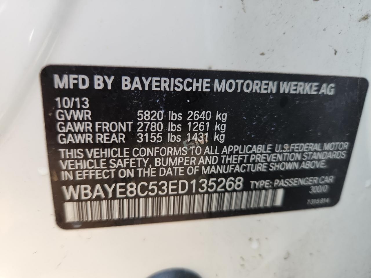 2014 BMW 750 Li VIN: WBAYE8C53ED135268 Lot: 81066985