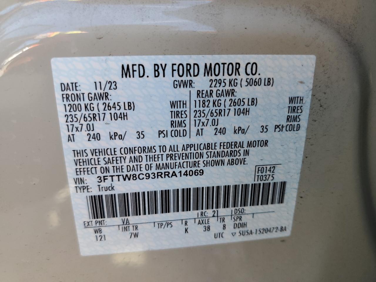 2024 Ford Maverick Xlt Tremor VIN: 3FTTW8C93RRA14069 Lot: 80673005
