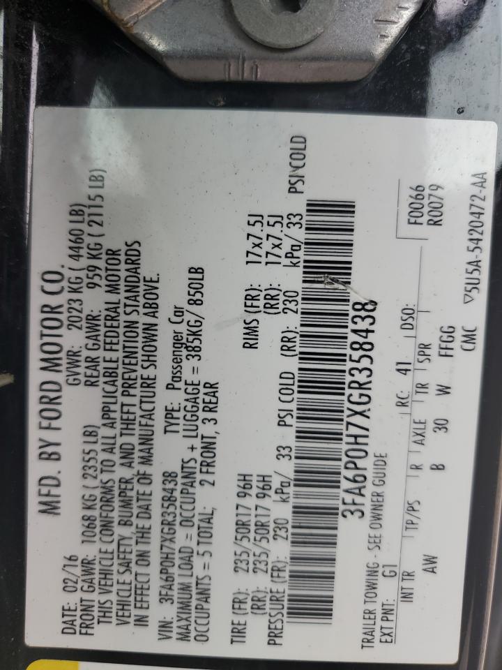 2016 Ford Fusion Se VIN: 3FA6P0H7XGR358438 Lot: 84031125