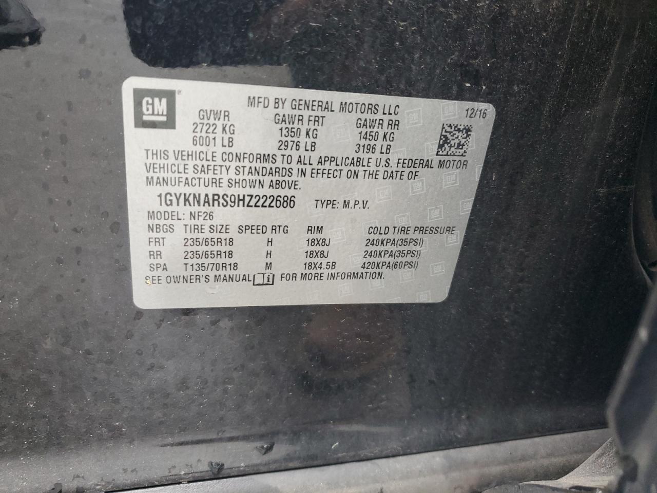 2017 Cadillac Xt5 VIN: 1GYKNARS9HZ222686 Lot: 84003405