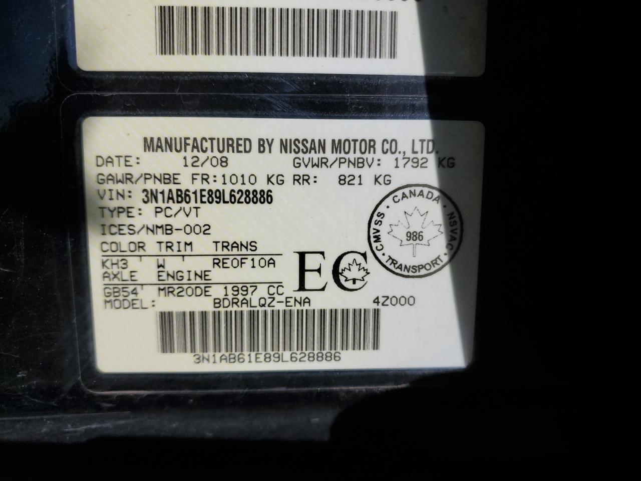 2009 Nissan Sentra 2.0 VIN: 3N1AB61E89L628886 Lot: 83803725