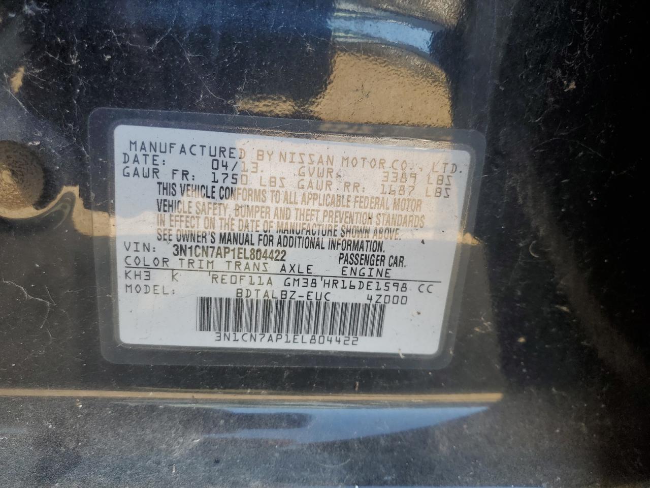 2014 Nissan Versa S VIN: 3N1CN7AP1EL804422 Lot: 84540075