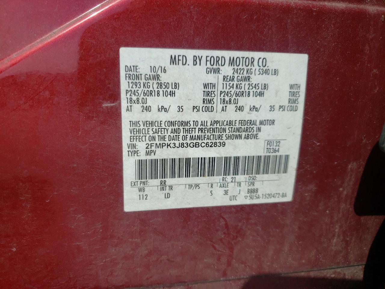 2016 Ford Edge Sel VIN: 2FMPK3J83GBC62839 Lot: 81375615