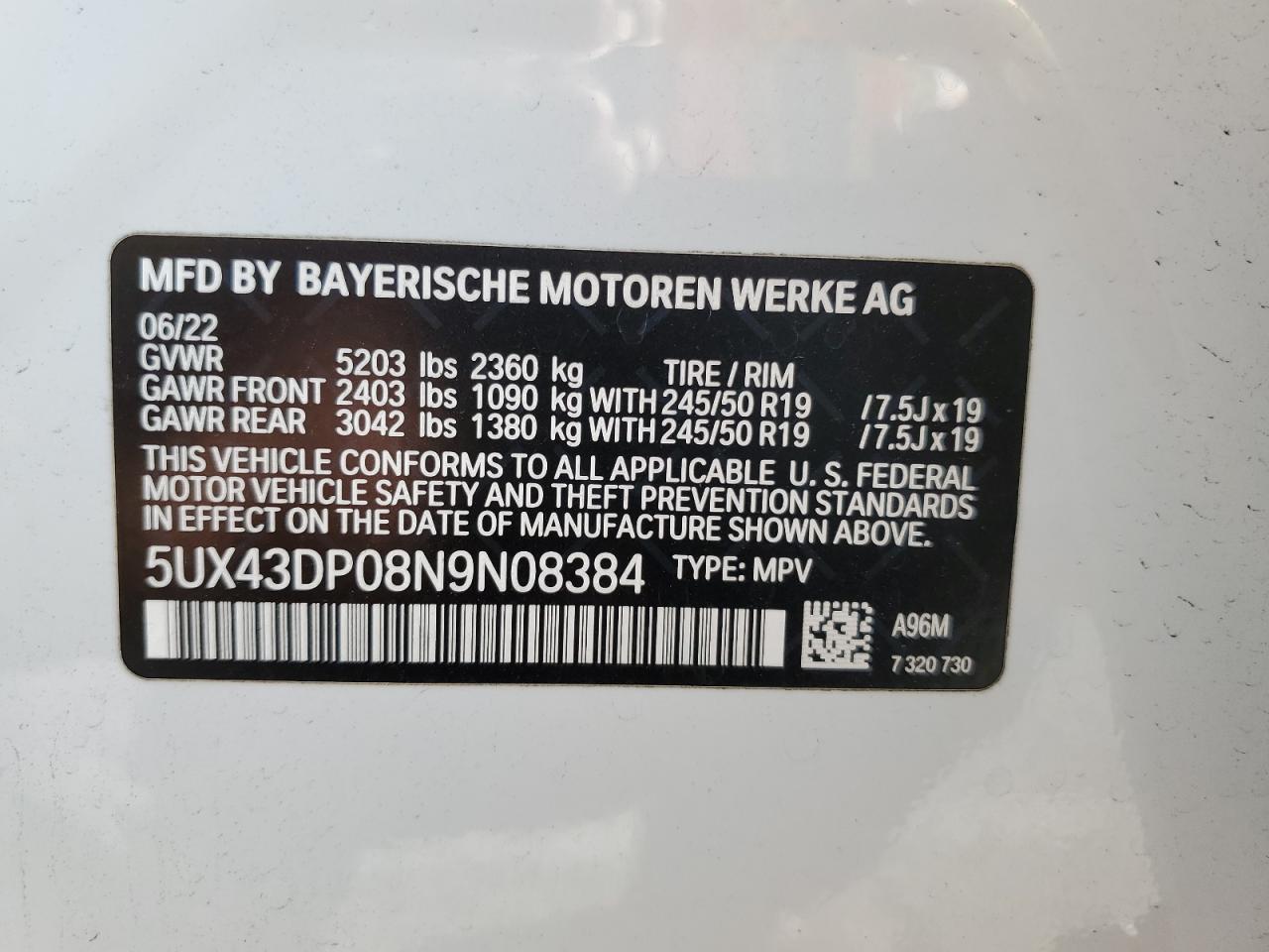 2022 BMW X3 Sdrive30I VIN: 5UX43DP08N9N08384 Lot: 80352195