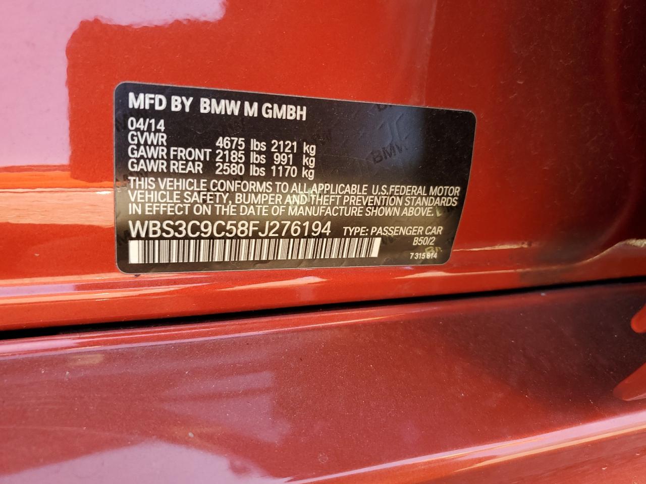 2015 BMW M3 VIN: WBS3C9C58FJ276194 Lot: 81807785