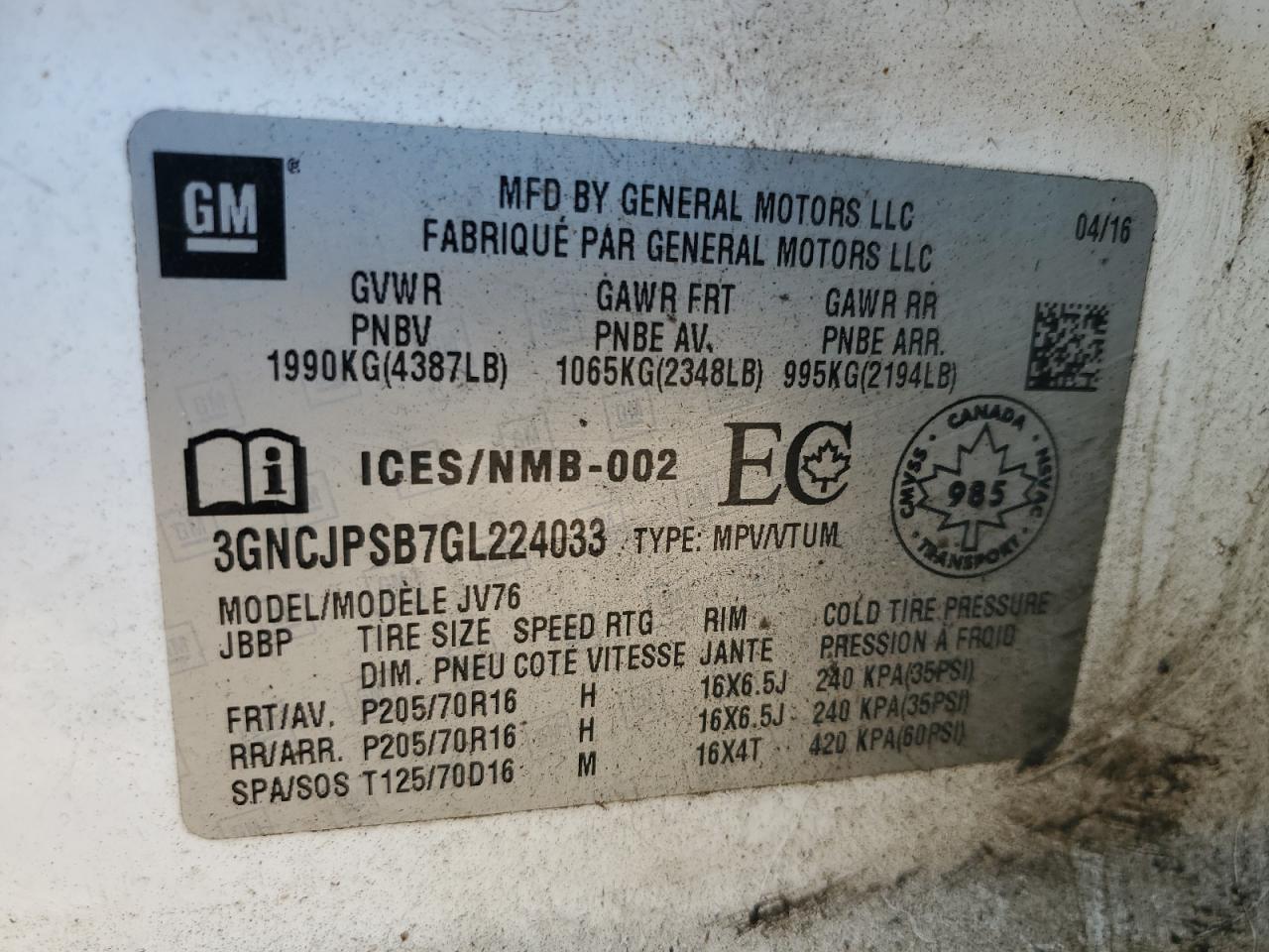 2016 Chevrolet Trax 1Lt VIN: 3GNCJPSB7GL224033 Lot: 71064415