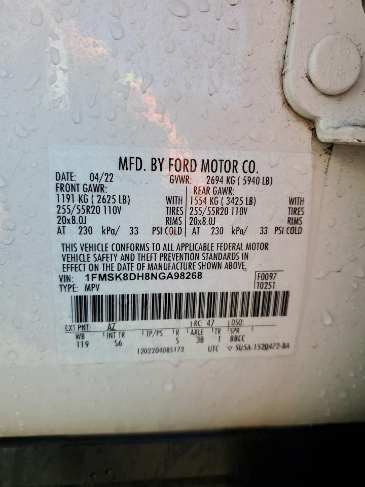 2022 Ford Explorer Xlt VIN: 1FMSK8DH8NGA98268 Lot: 82150525