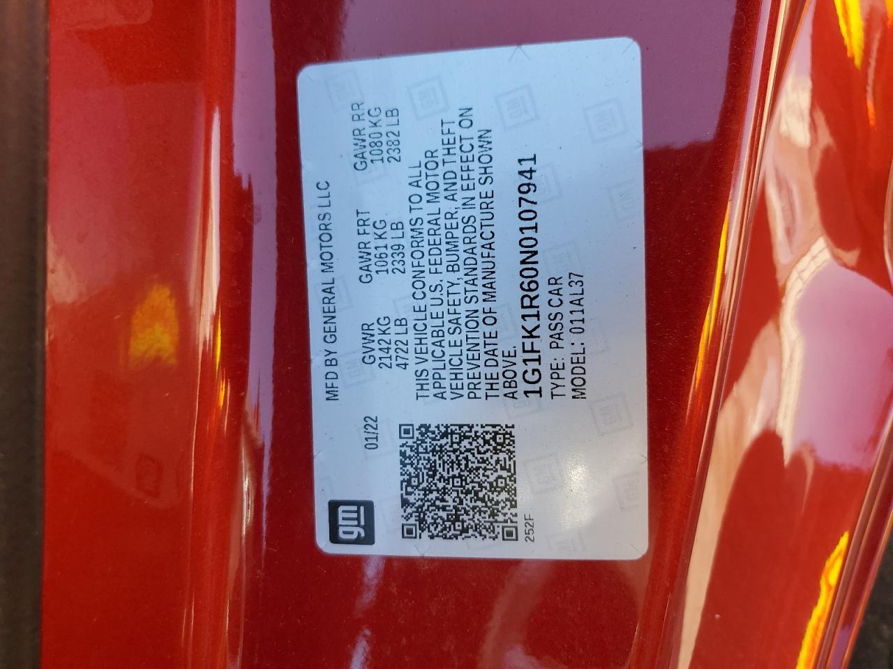 2022 Chevrolet Camaro Zl1 VIN: 1G1FK1R60N0107941 Lot: 81065355