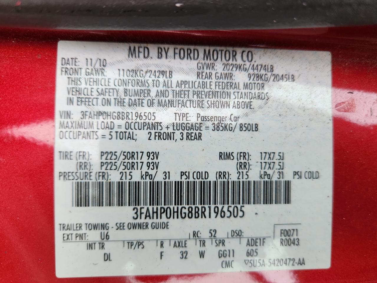 2011 Ford Fusion Se VIN: 3FAHP0HG8BR196505 Lot: 81682975