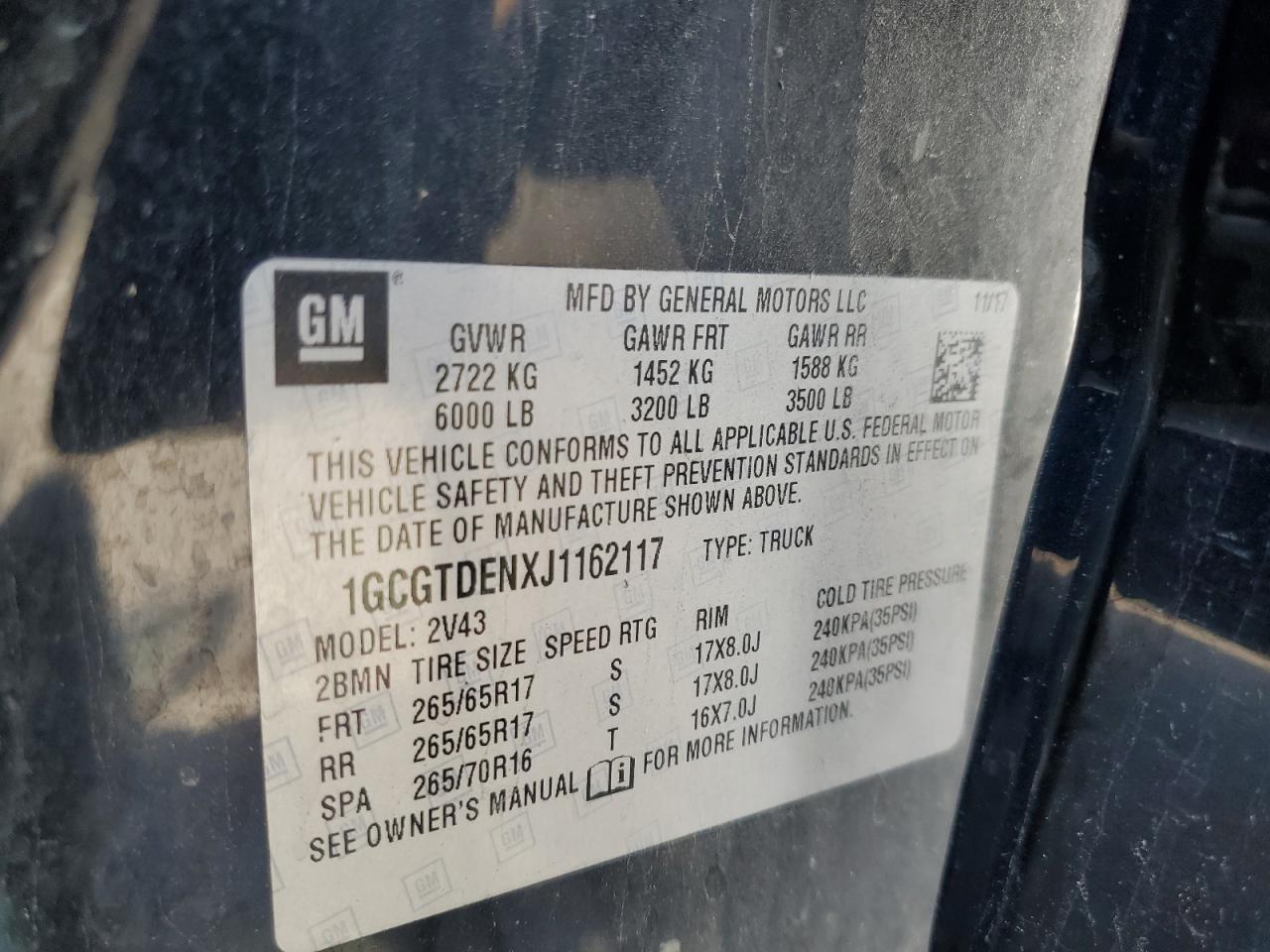 2018 Chevrolet Colorado Z71 VIN: 1GCGTDENXJ1162117 Lot: 80943295