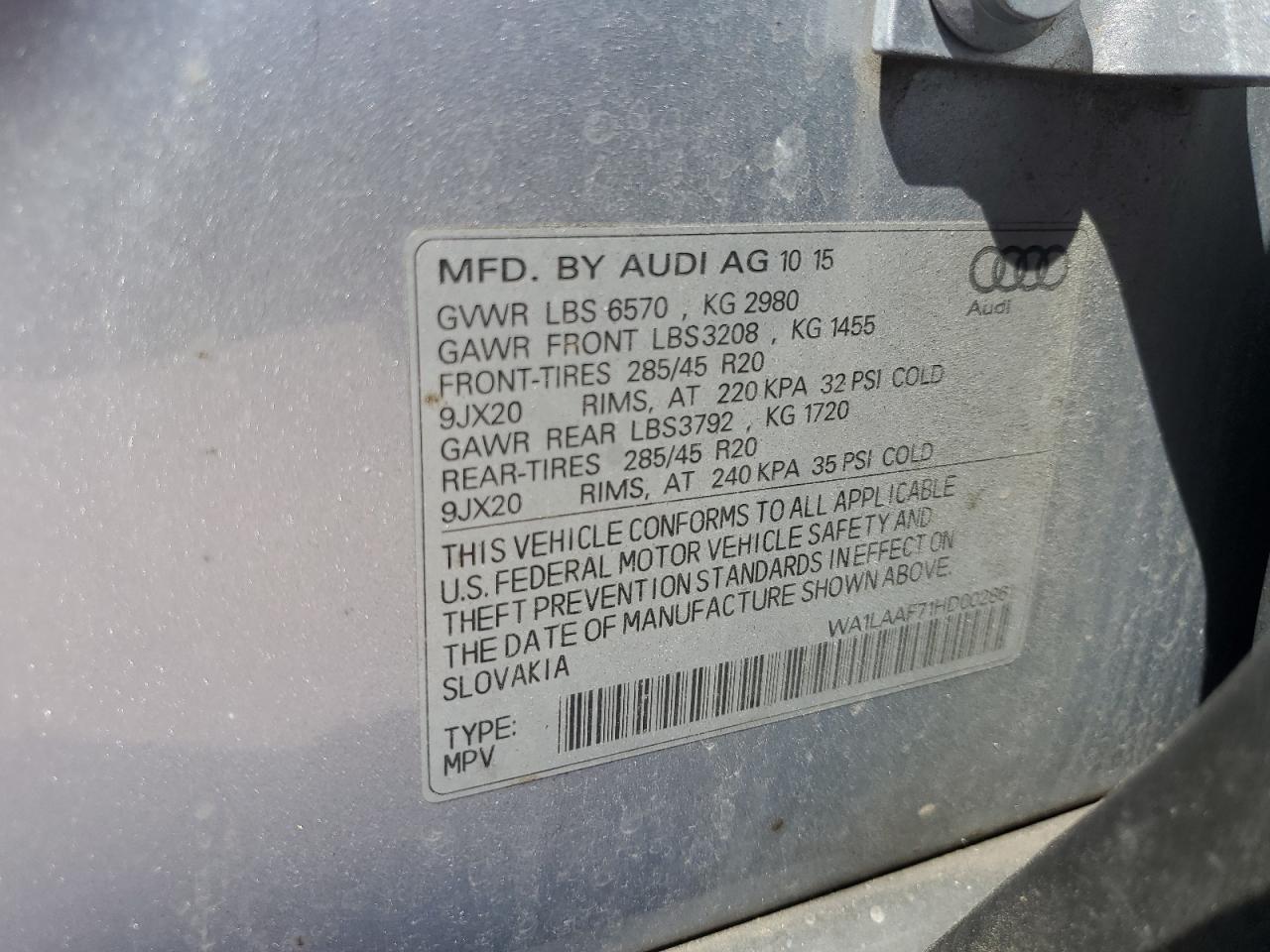 2017 Audi Q7 Premium Plus VIN: WA1LAAF71HD002861 Lot: 81135005