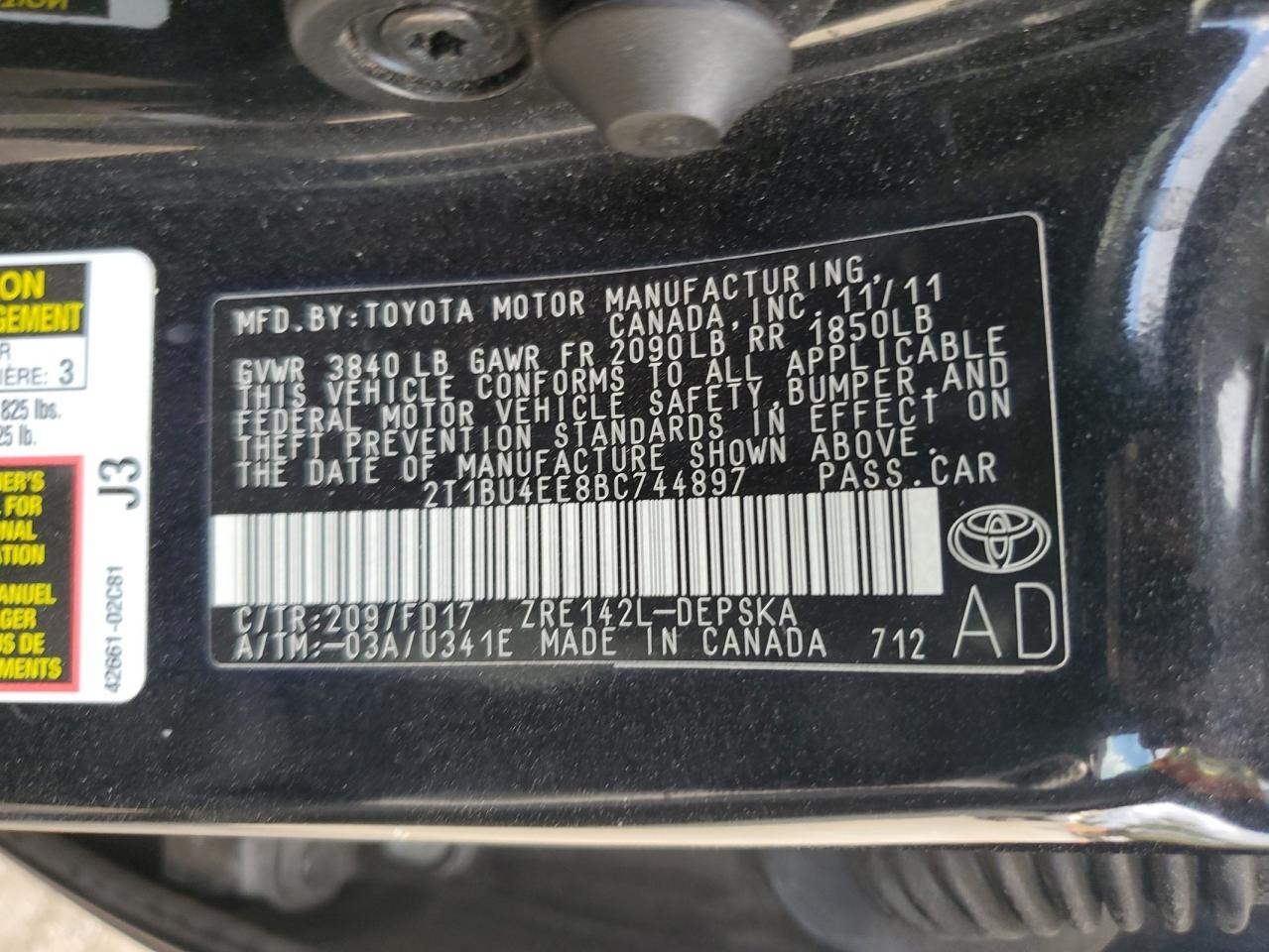 2011 Toyota Corolla Base VIN: 2T1BU4EE8BC744897 Lot: 71744765