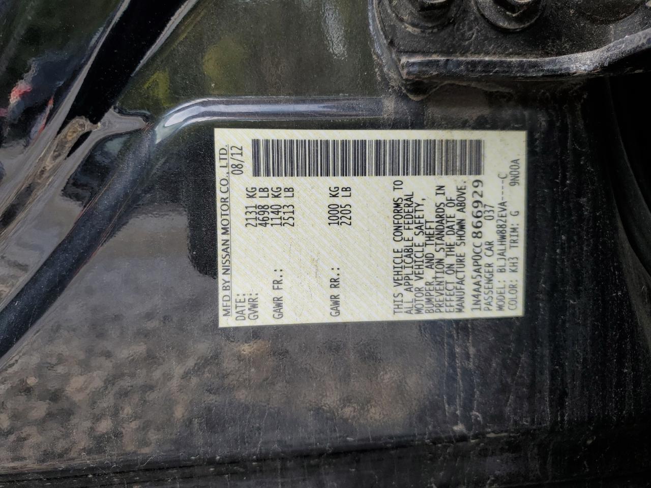 2012 Nissan Maxima S VIN: 1N4AA5AP0CC866929 Lot: 80100375