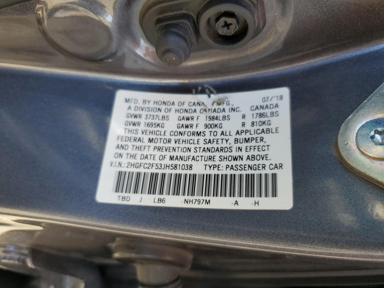 2018 Honda Civic Lx VIN: 2HGFC2F53JH581038 Lot: 71488835