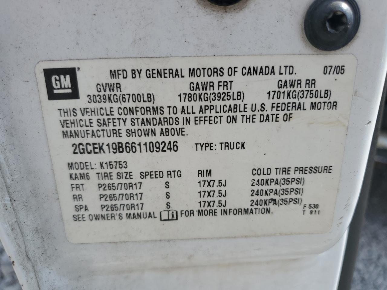 2006 Chevrolet Silverado K1500 VIN: 2GCEK19B661109246 Lot: 80069635