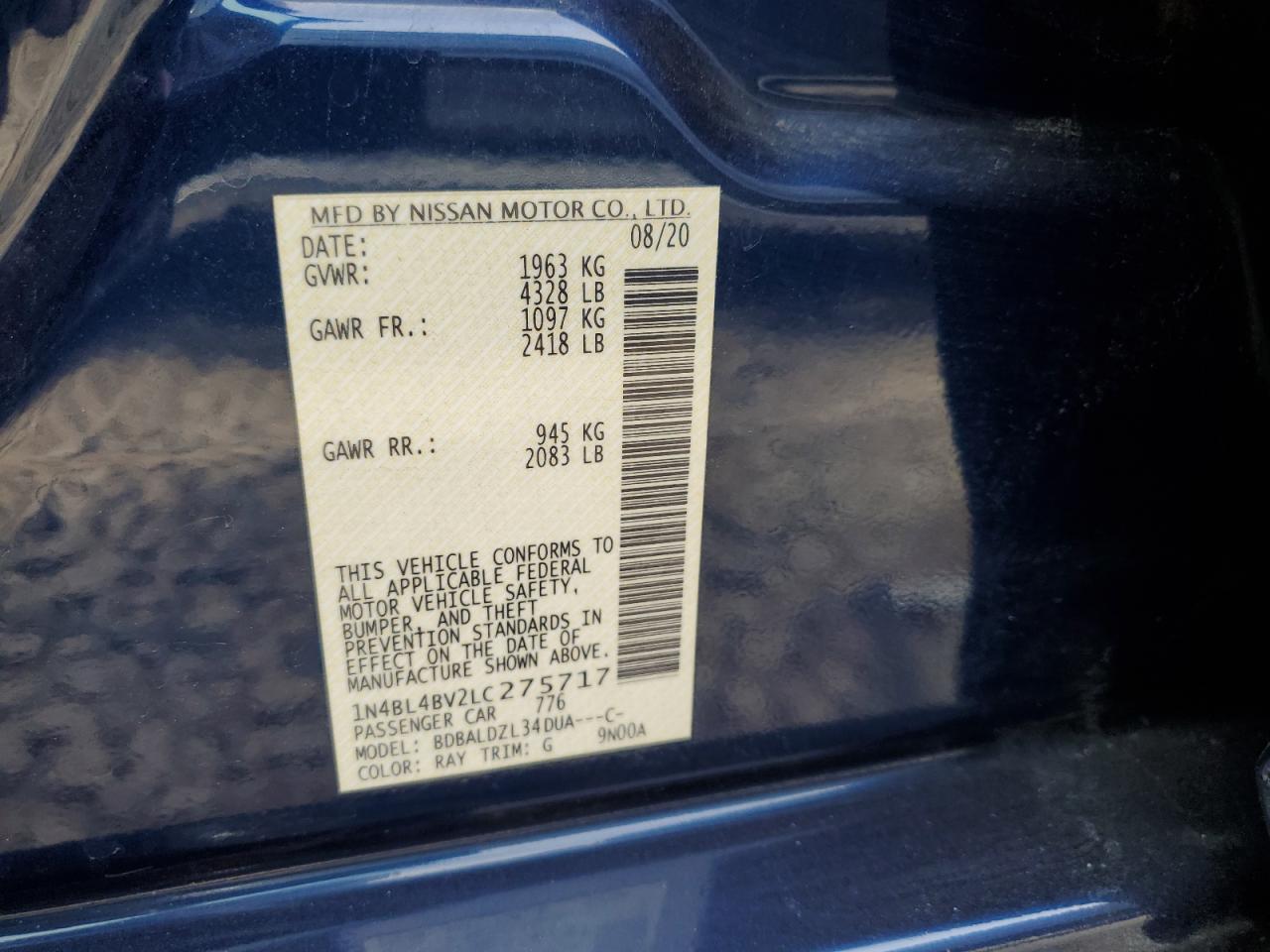 2020 Nissan Altima S VIN: 1N4BL4BV2LC275717 Lot: 81631315