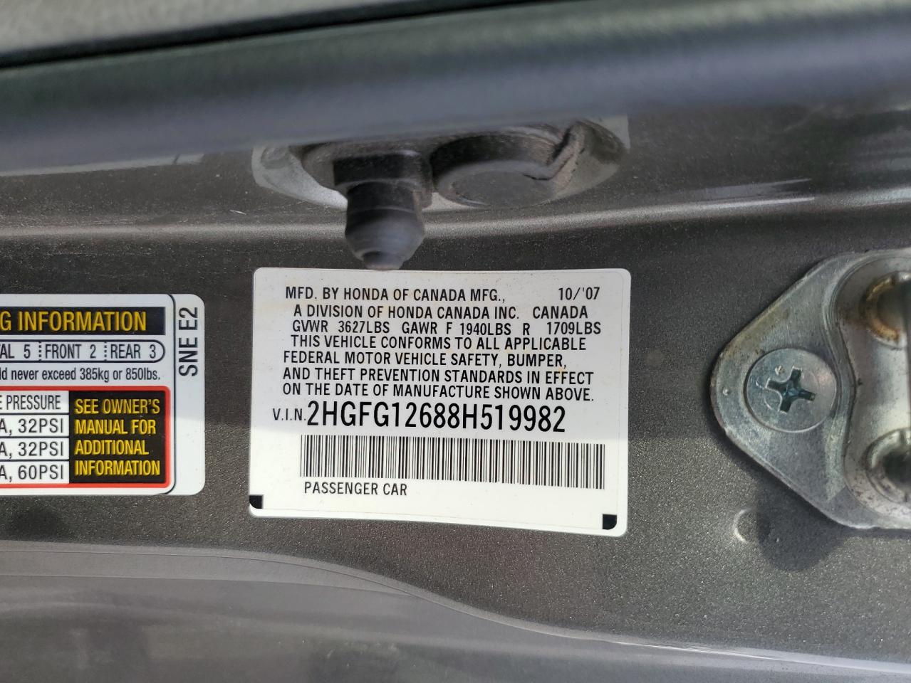 2008 Honda Civic Lx VIN: 2HGFG12688H519982 Lot: 81742835