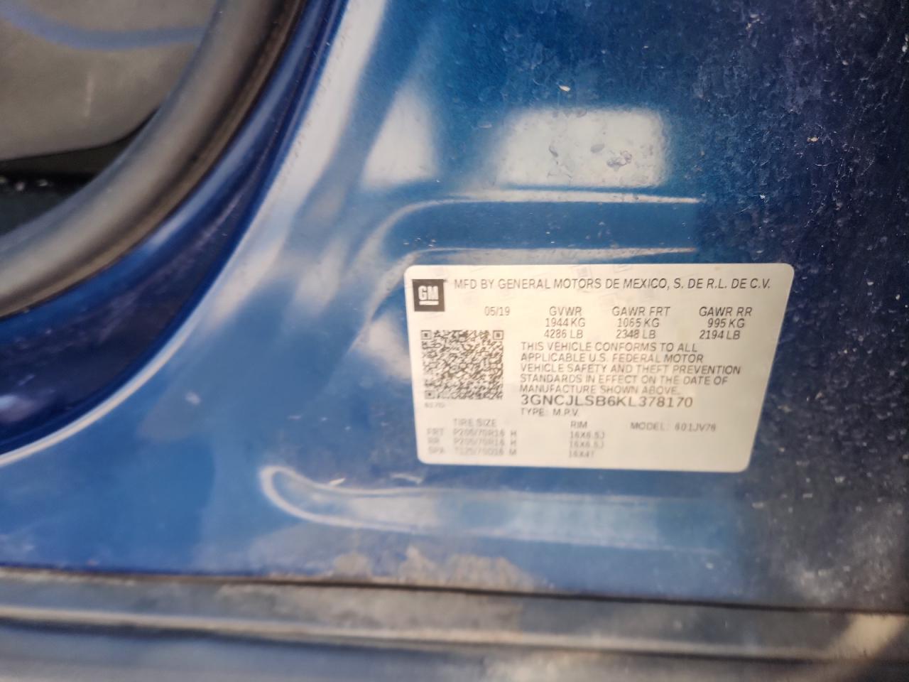 2019 Chevrolet Trax 1Lt VIN: 3GNCJLSB6KL378170 Lot: 80486605