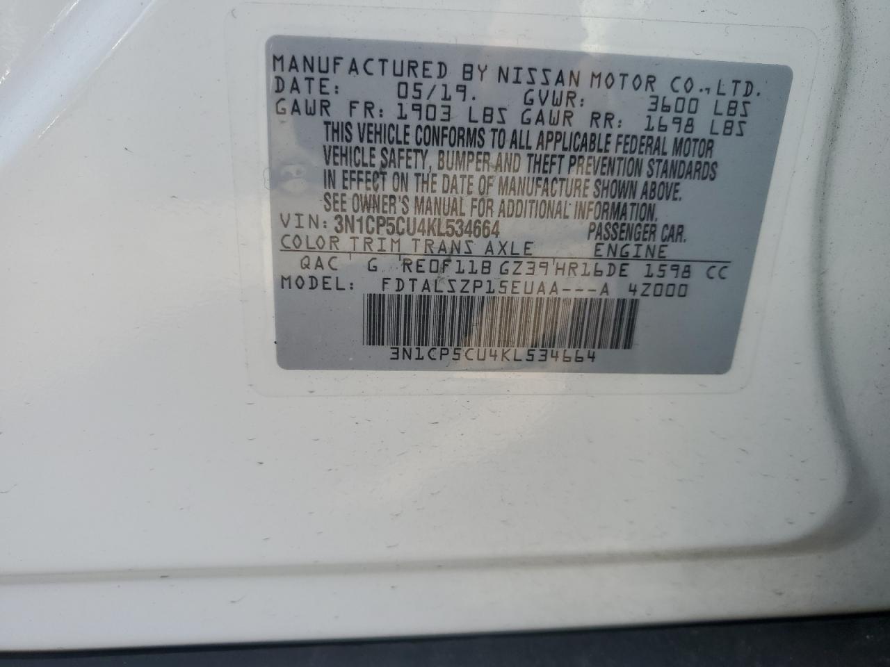 2019 Nissan Kicks S VIN: 3N1CP5CU4KL534664 Lot: 81564935