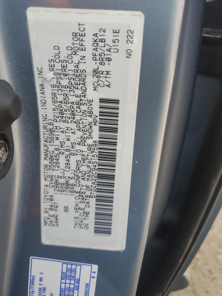 2004 Toyota Sienna Xle VIN: 5TDZA22C94S157598 Lot: 80141885