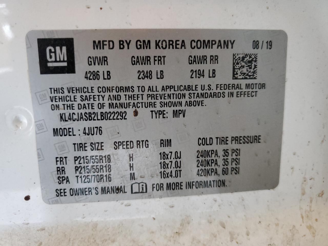 2020 Buick Encore Preferred VIN: KL4CJASB2LB022292 Lot: 82121335