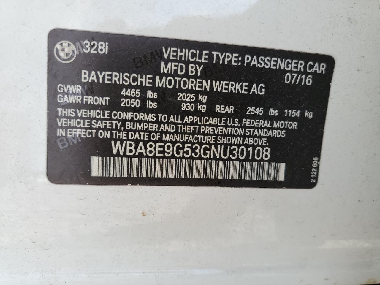 2016 BMW 328 I Sulev VIN: WBA8E9G53GNU30108 Lot: 80365695