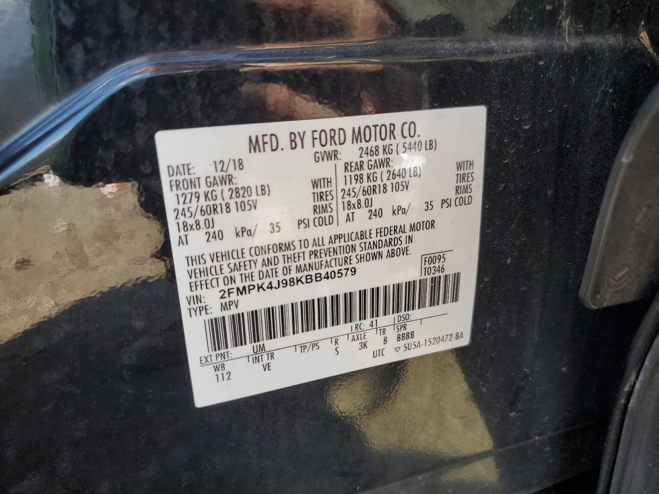 2019 Ford Edge Sel VIN: 2FMPK4J98KBB40579 Lot: 70813235