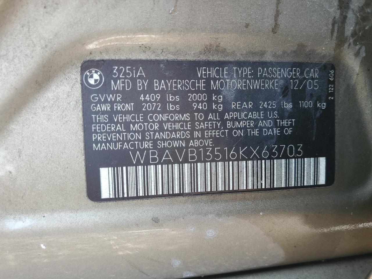 2006 BMW 325 I VIN: WBAVB13516KX63703 Lot: 81314425